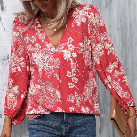New Floral Print Lantern Sleeve Blouse Red - Picture 2 of 6